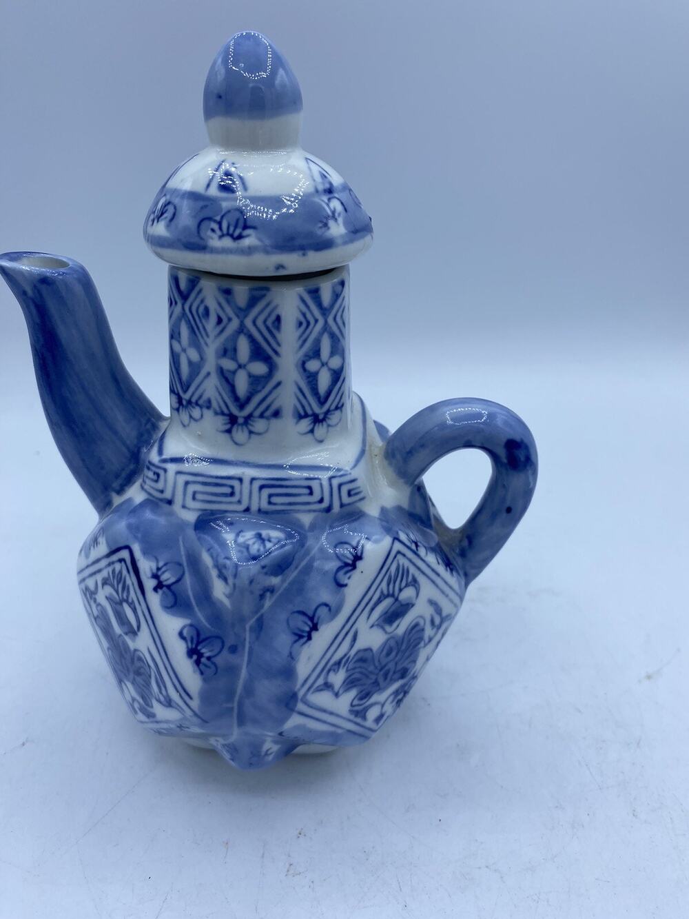 Vintage Chinese Small Teapot Blue & White Porcelain 7.5 Inches Tall